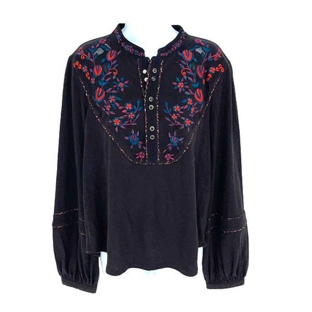 Free People Womens Sundance Embroidered Floral Long Sleeve Henley Top Black XS